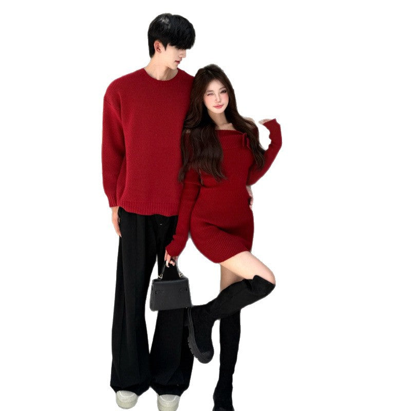 Couples' Autumn/Winter New Style Off-Shoulder Knit Sweater and Dress Trendy ChristmasNew Year Sleeveless Dress with Shoulder Cutout for Men