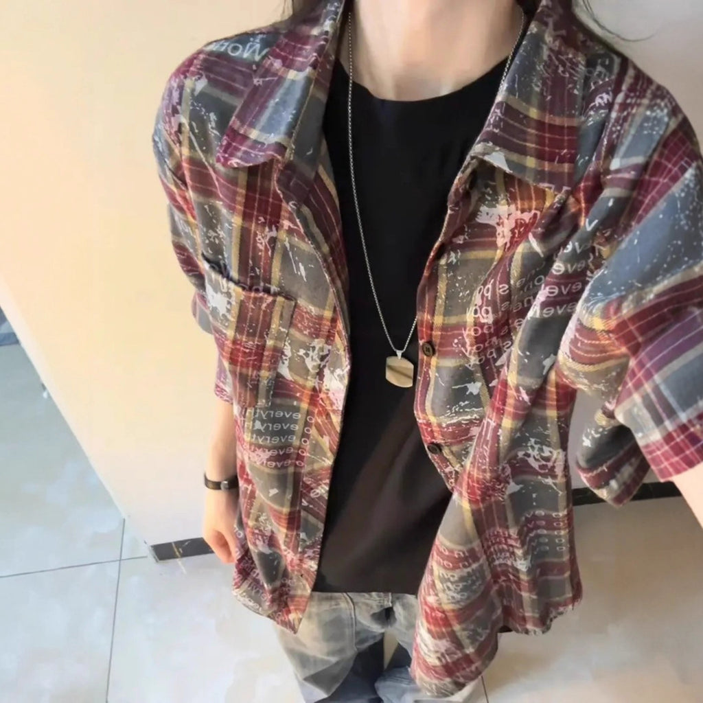 Dye-Transfer Plaid Letter Print Shirt for Men, Hong Kong Style Vintage Outwear, Couple's Turn-Down Collar Dress Shirt