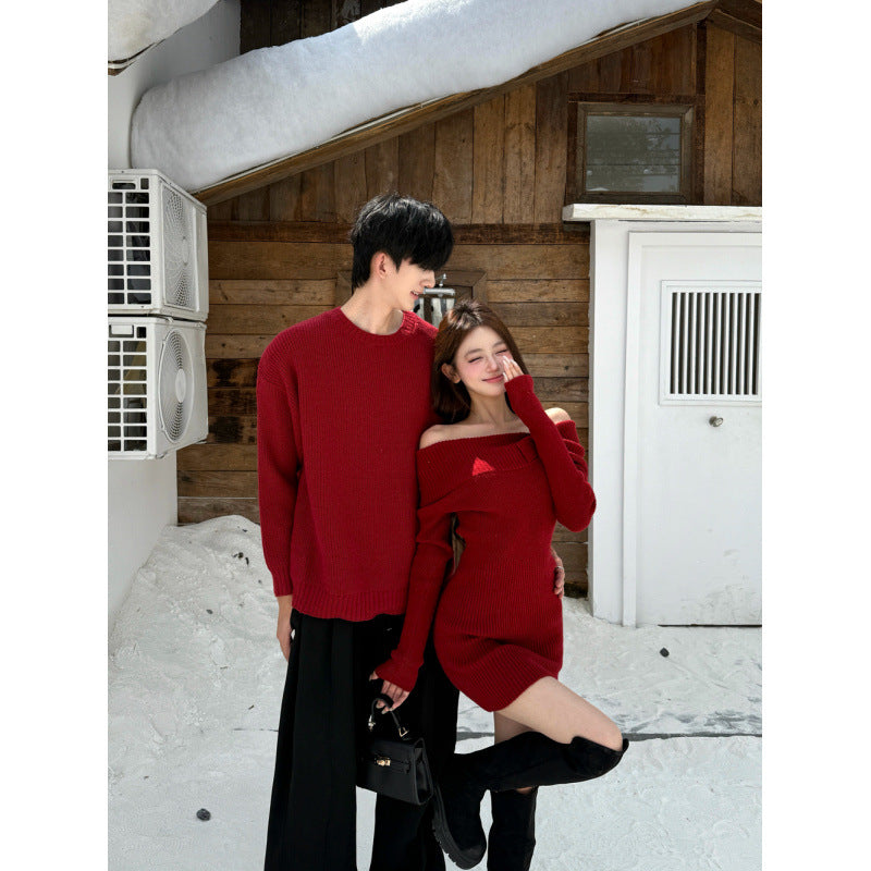 Couples' Autumn/Winter New Style Off-Shoulder Knit Sweater and Dress Trendy ChristmasNew Year Sleeveless Dress with Shoulder Cutout for Men