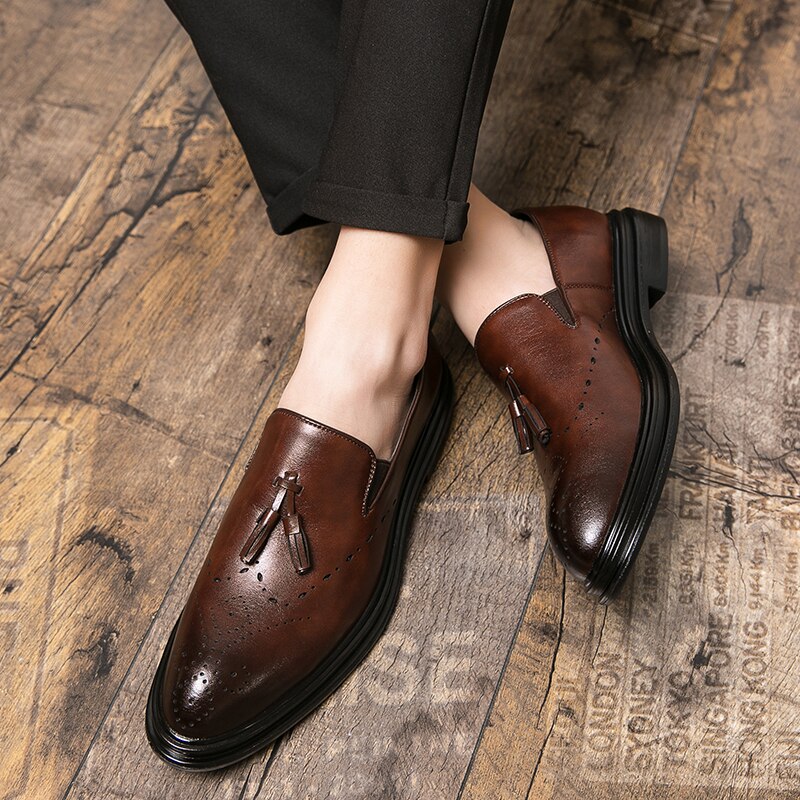 Men Dress Shoes Genuine Leather Brogue Shoes Man Business Casual Leather Oxford Shoes Dance Party Wedding Formal Shoes Male