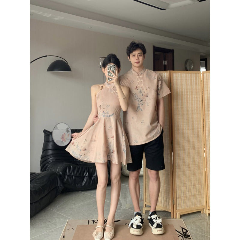 Chic New Chinese Style Neckline Short Dress for Women &amp; Floral Short Sleeve Shirt for Men, Summer Couple Outfits
