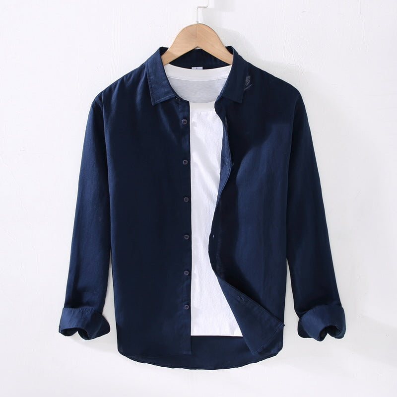 White Long Sleeve Shirt for Men Hemp Fabric Dress Shirt