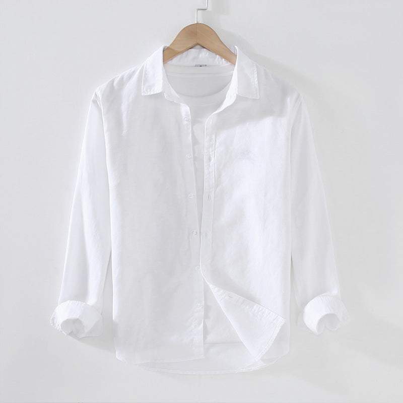 White Long Sleeve Shirt for Men Hemp Fabric Dress Shirt