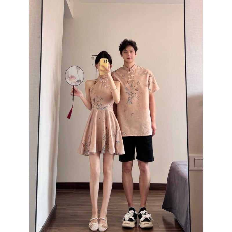 Chic New Chinese Style Neckline Short Dress for Women &amp; Floral Short Sleeve Shirt for Men, Summer Couple Outfits