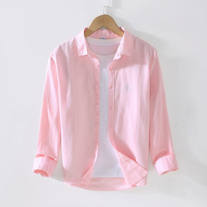 White Long Sleeve Shirt for Men Hemp Fabric Dress Shirt