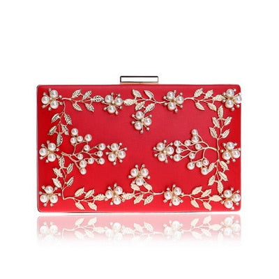 Fashion New Women Evening Clutch Bags PU Chain Shoulder Handbags Leaf Metal Beaded Evening Purse Messenger Bags