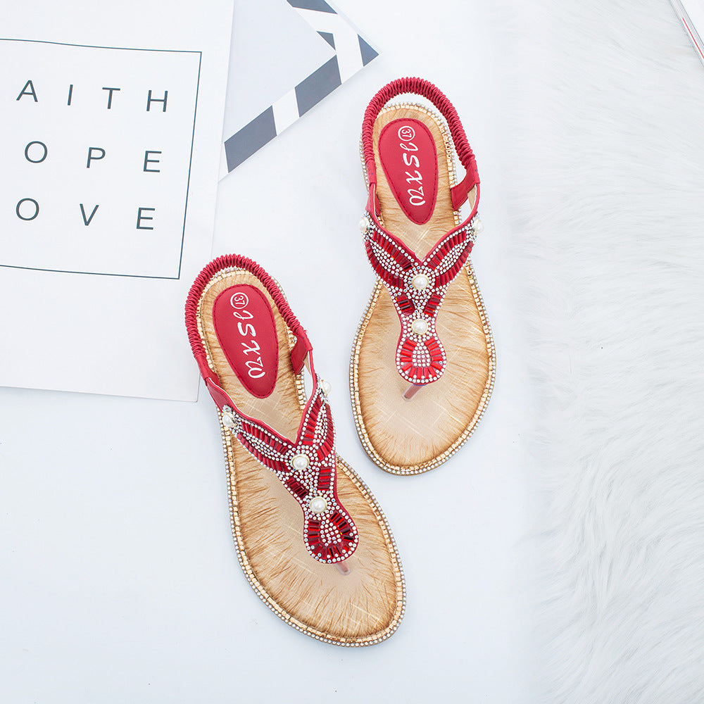 New Shoes Women Fashion Thong Sandals Round Toe Pearl Sandals Slippers Plus Size Sandals