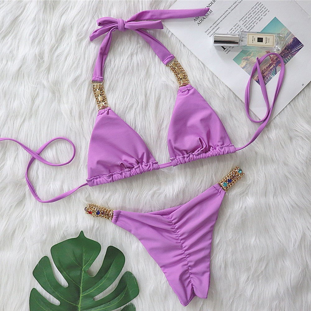 Metal Accessories Diamond Solid Color Bikini