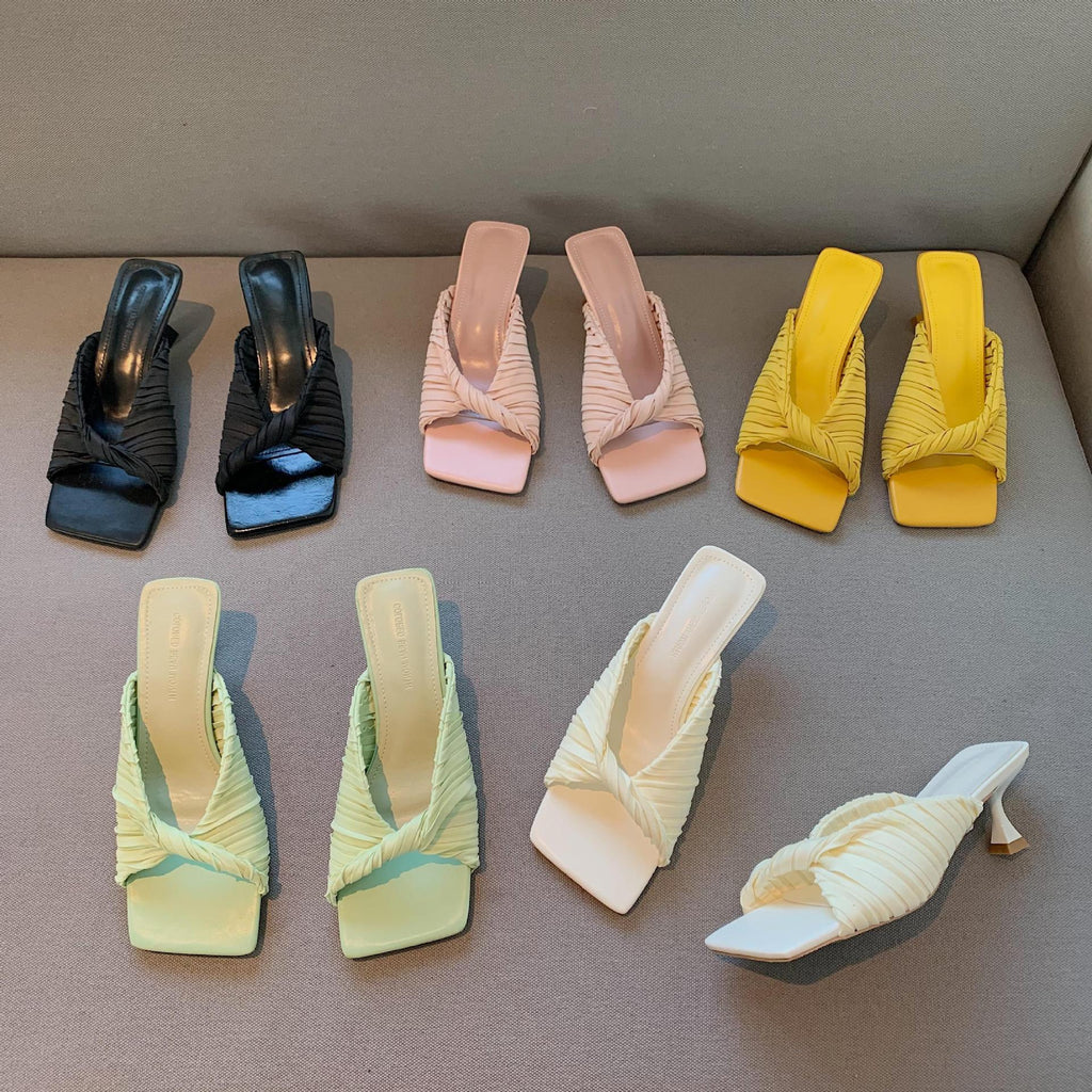 New French Summer Square Toe Sandals Folds Are Thin And Slender With Open Toe Sandals For Women To Wear Mules
