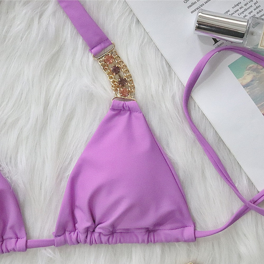 Metal Accessories Diamond Solid Color Bikini