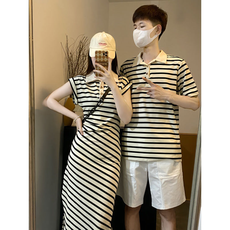 Cute Couple Outfits Summer Short Sleeve Striped Dress for Women and Matching Top for Men Black and Apricot Color College Style One Dress and One Shirt Set