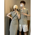 Cute Couple Outfits Summer Short Sleeve Striped Dress for Women and Matching Top for Men Black and Apricot Color College Style One Dress and One Shirt Set