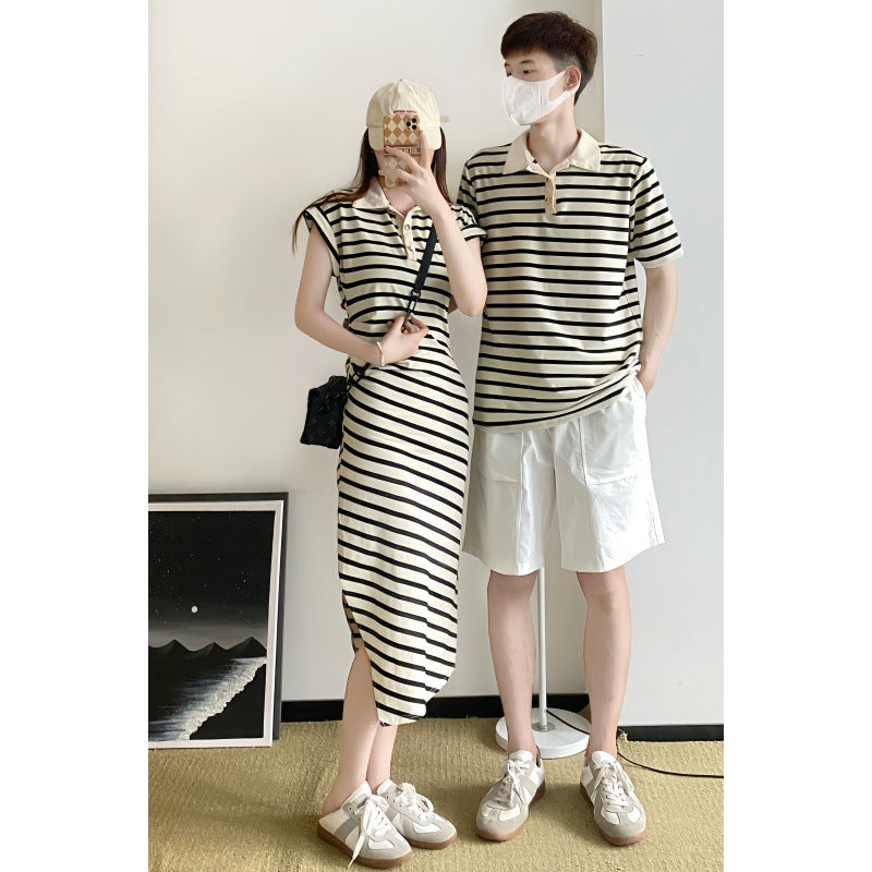 Cute Couple Outfits Summer Short Sleeve Striped Dress for Women and Matching Top for Men Black and Apricot Color College Style One Dress and One Shirt Set