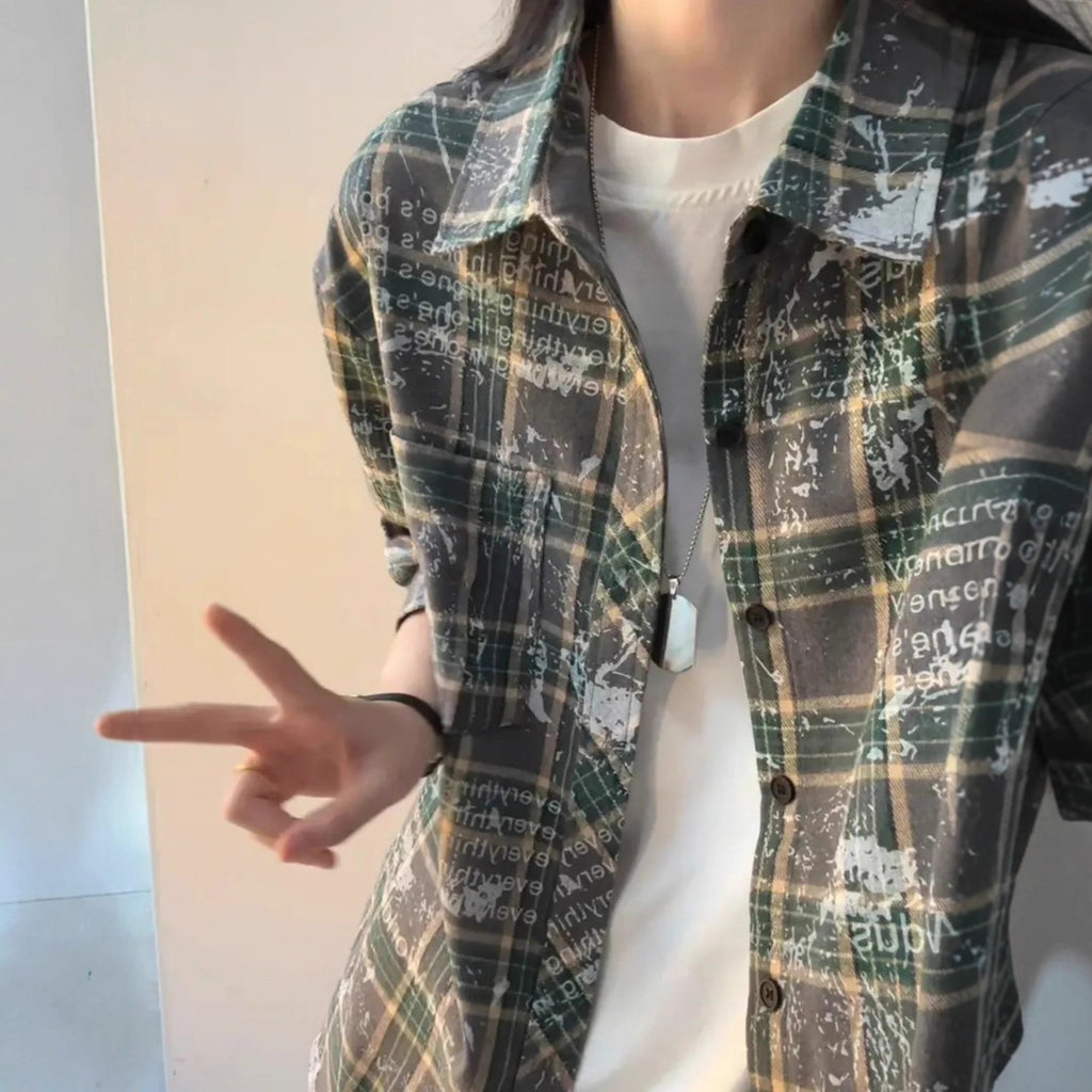 Dye-Transfer Plaid Letter Print Shirt for Men, Hong Kong Style Vintage Outwear, Couple's Turn-Down Collar Dress Shirt