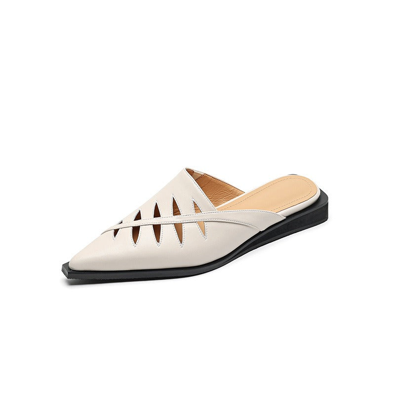 Cowhide pointed sandals with hollow hollow toe sandals for women with low heels