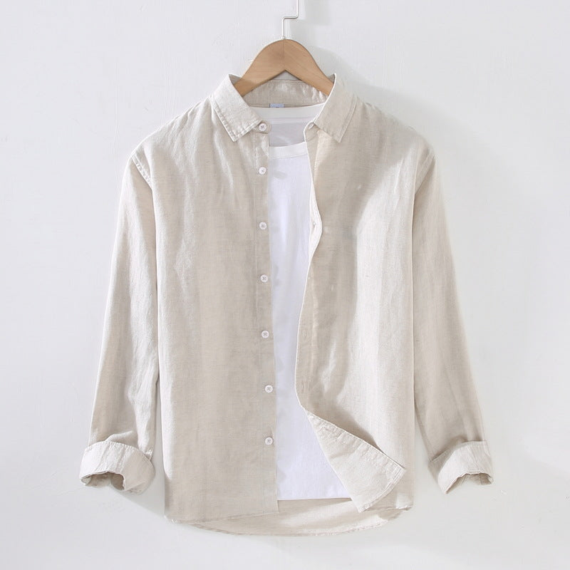 White Long Sleeve Shirt for Men Hemp Fabric Dress Shirt