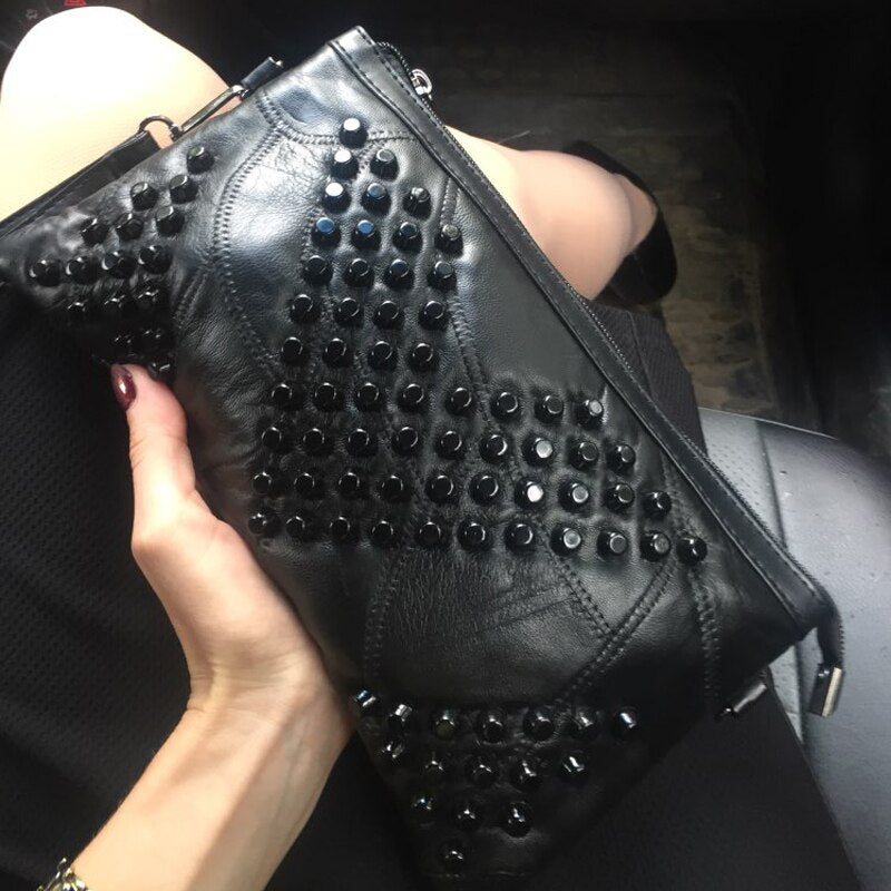 Fashion Genuine Leather Women Bag Messenger Bags Rivet Shoulder Bag Clutch High Quality Crossbody  Bags Female Purse Bolsas