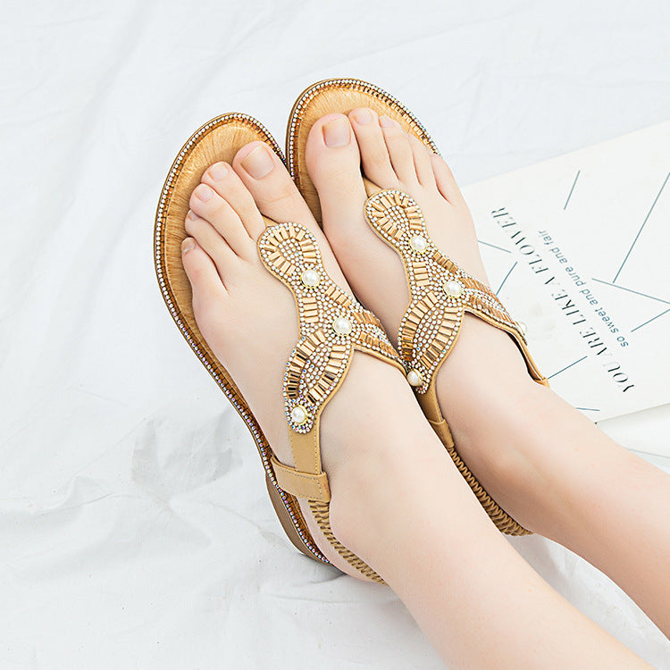 New Shoes Women Fashion Thong Sandals Round Toe Pearl Sandals Slippers Plus Size Sandals