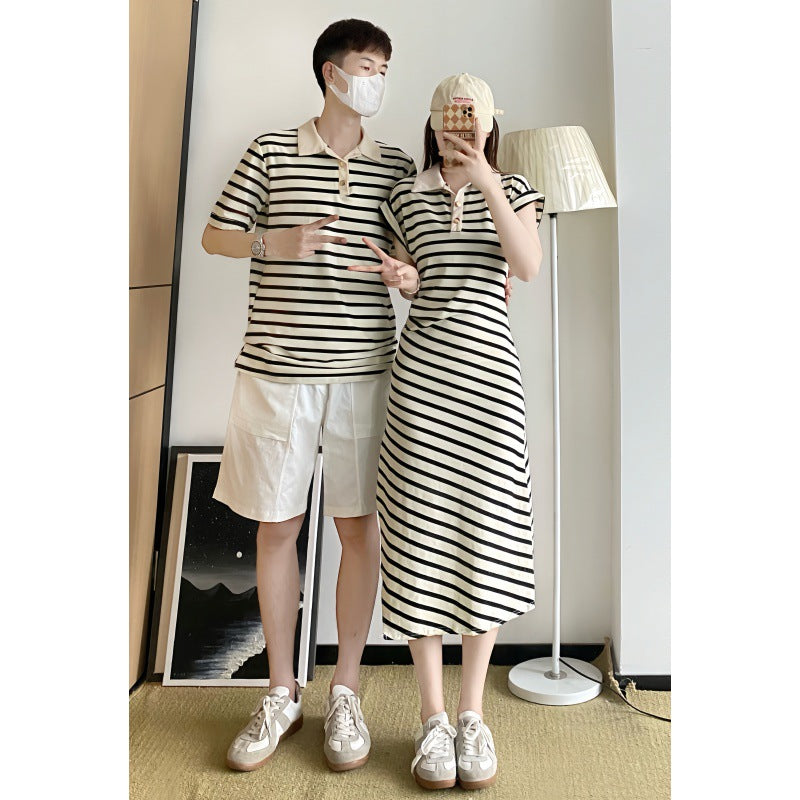 Cute Couple Outfits Summer Short Sleeve Striped Dress for Women and Matching Top for Men Black and Apricot Color College Style One Dress and One Shirt Set