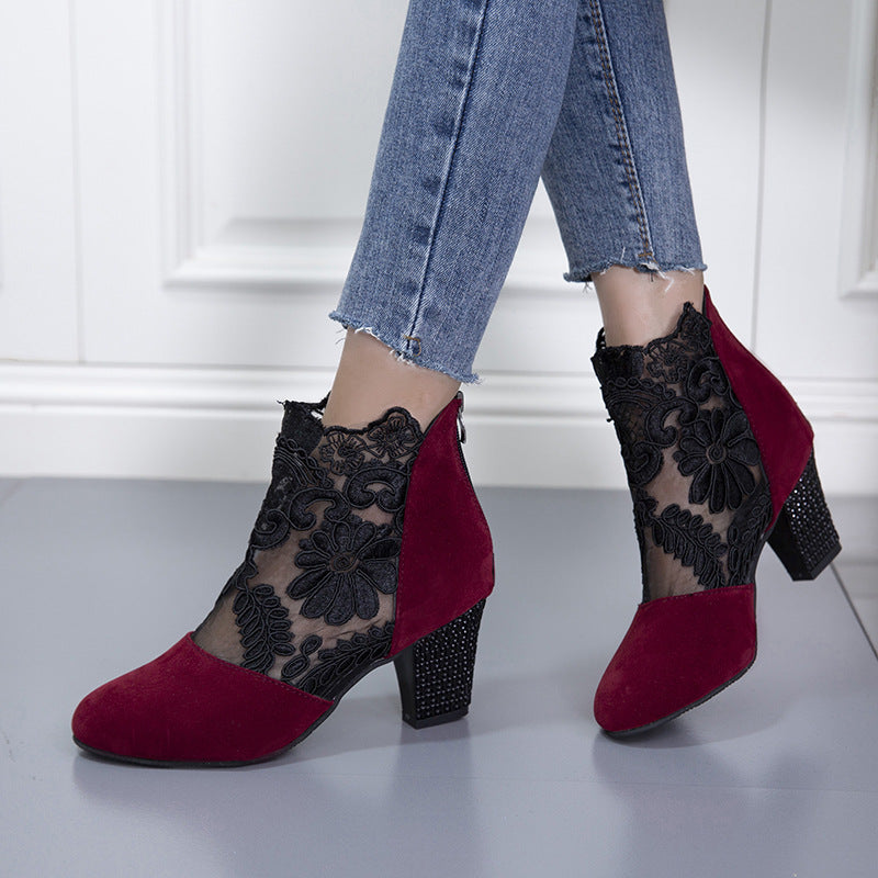 Lace Mesh High-Heeled Sandals Women European and American Style Round Toe Chunky Heel Roman Sandals Wholesale