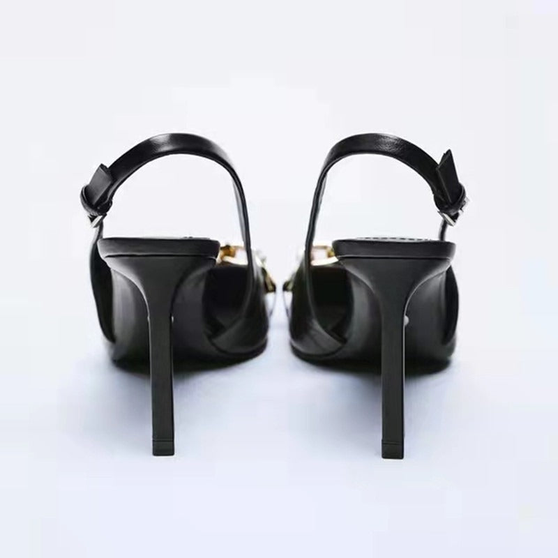 Black chain embellished high heeled pointed thin heeled sandals for women