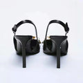 Black chain embellished high heeled pointed thin heeled sandals for women