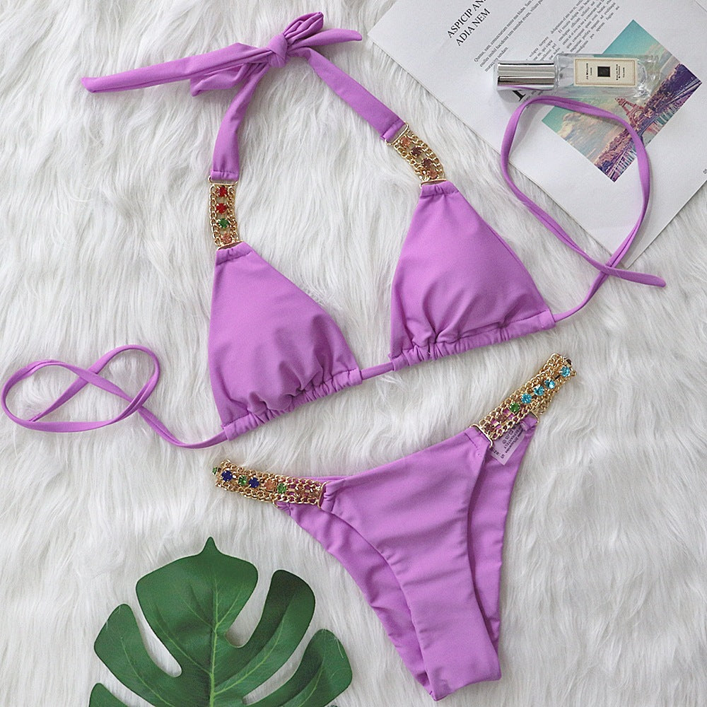 Metal Accessories Diamond Solid Color Bikini