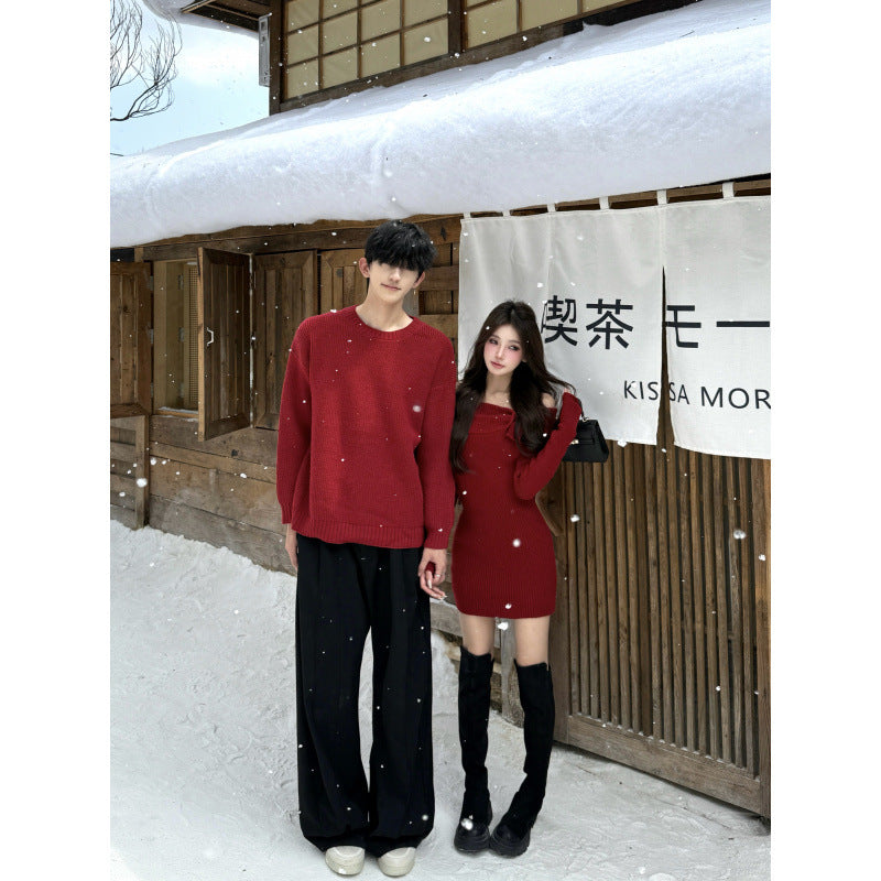Couples' Autumn/Winter New Style Off-Shoulder Knit Sweater and Dress Trendy ChristmasNew Year Sleeveless Dress with Shoulder Cutout for Men