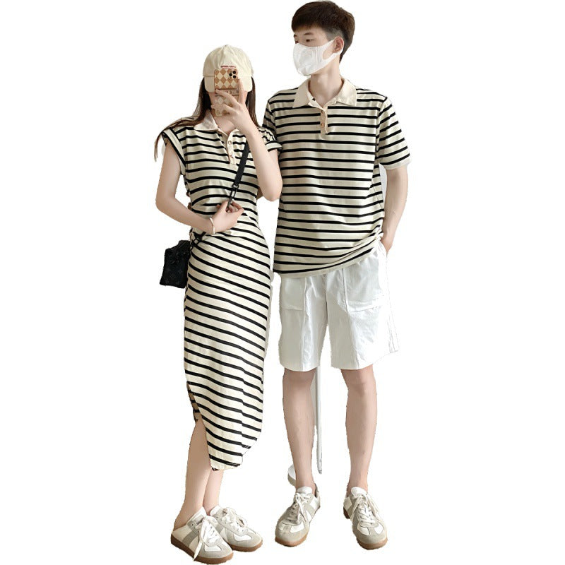 Cute Couple Outfits Summer Short Sleeve Striped Dress for Women and Matching Top for Men Black and Apricot Color College Style One Dress and One Shirt Set