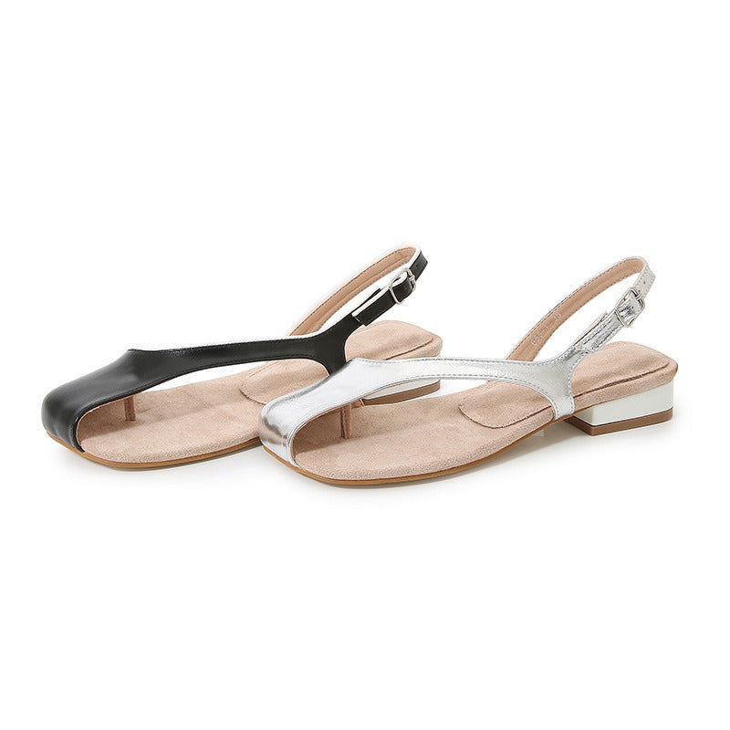 Covered toe flat sandals for women, silver thick heel sandals, fashionable niche flat sandals