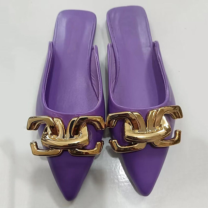 Button pointed flat bottomed wrapped half slippers and sandals for women