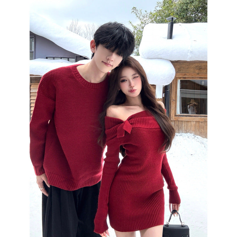 Couples' Autumn/Winter New Style Off-Shoulder Knit Sweater and Dress Trendy ChristmasNew Year Sleeveless Dress with Shoulder Cutout for Men