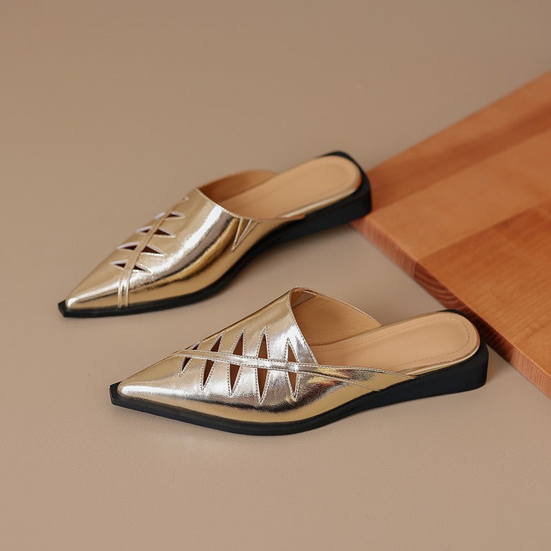 Cowhide pointed sandals with hollow hollow toe sandals for women with low heels