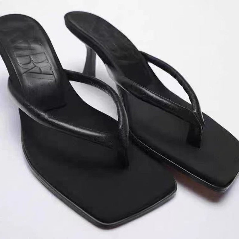 Slender high heels medium heels sandals minimalist black flip toe shoes high heels sandals for women
