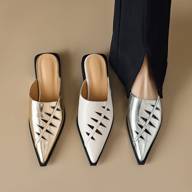 Cowhide pointed sandals with hollow hollow toe sandals for women with low heels