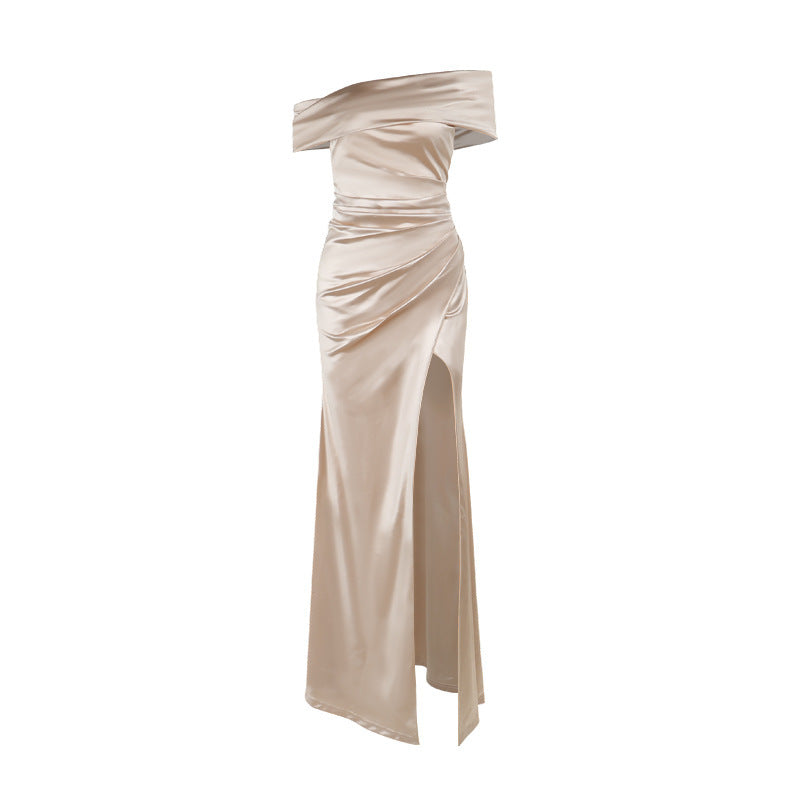 Silk one shoulder dress with slit dress for women