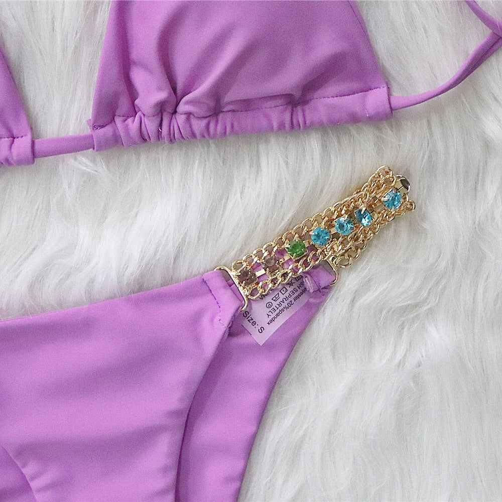 Metal Accessories Diamond Solid Color Bikini