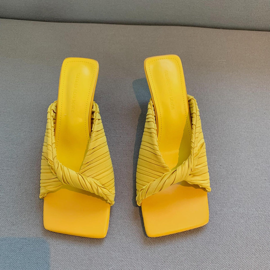 New French Summer Square Toe Sandals Folds Are Thin And Slender With Open Toe Sandals For Women To Wear Mules